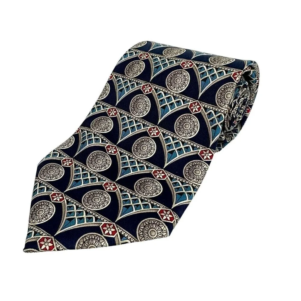 Oscar De La Renta Tie Mens Navy Medallion 100% Silk Necktie Woven Made in Italy
